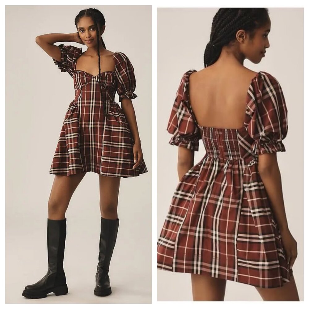 Anthropologie Maeve Plaid Taffeta Puff Mini Dress